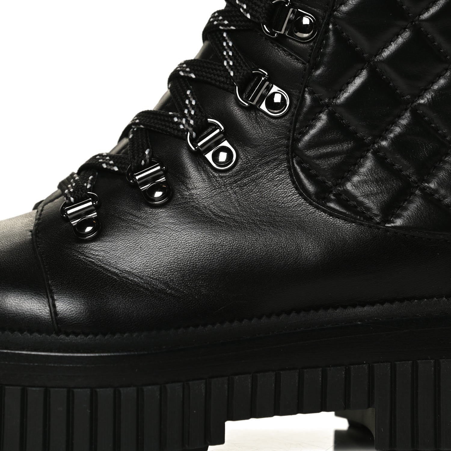 Chanel Calfskin Grosgrain Quilted Lace Up Boots 36.5 Black Grey 9 of 10