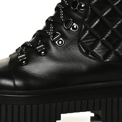 Chanel Calfskin Grosgrain Quilted Lace Up Boots 36.5 Black Grey 9 of 10