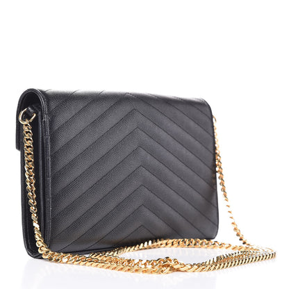 Saint Laurent Grain De Poudre Matelasse Chevron Monogram Chain Wallet Black 3 of 10