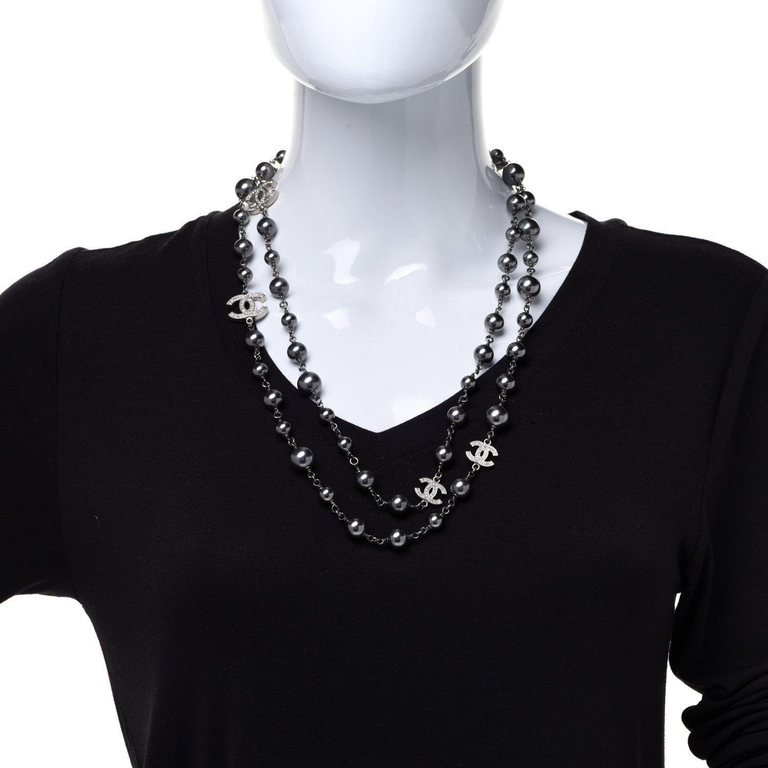 Chanel Crystal Pearl Beaded CC Long Necklace Ruthenium 2 of 6