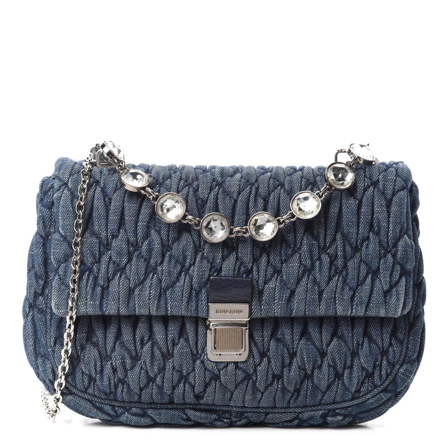 Denim Matelasse Crystal Chain Crossbody Bag Blue
