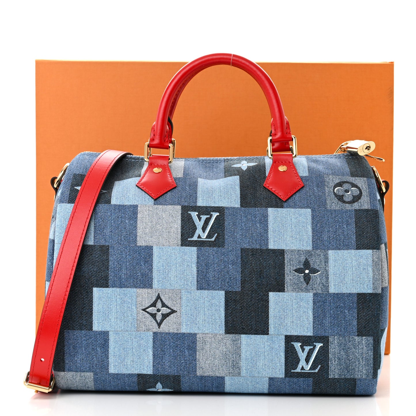 Denim Damier Monogram Patchwork Speedy Bandouliere 30 Blue Rouge