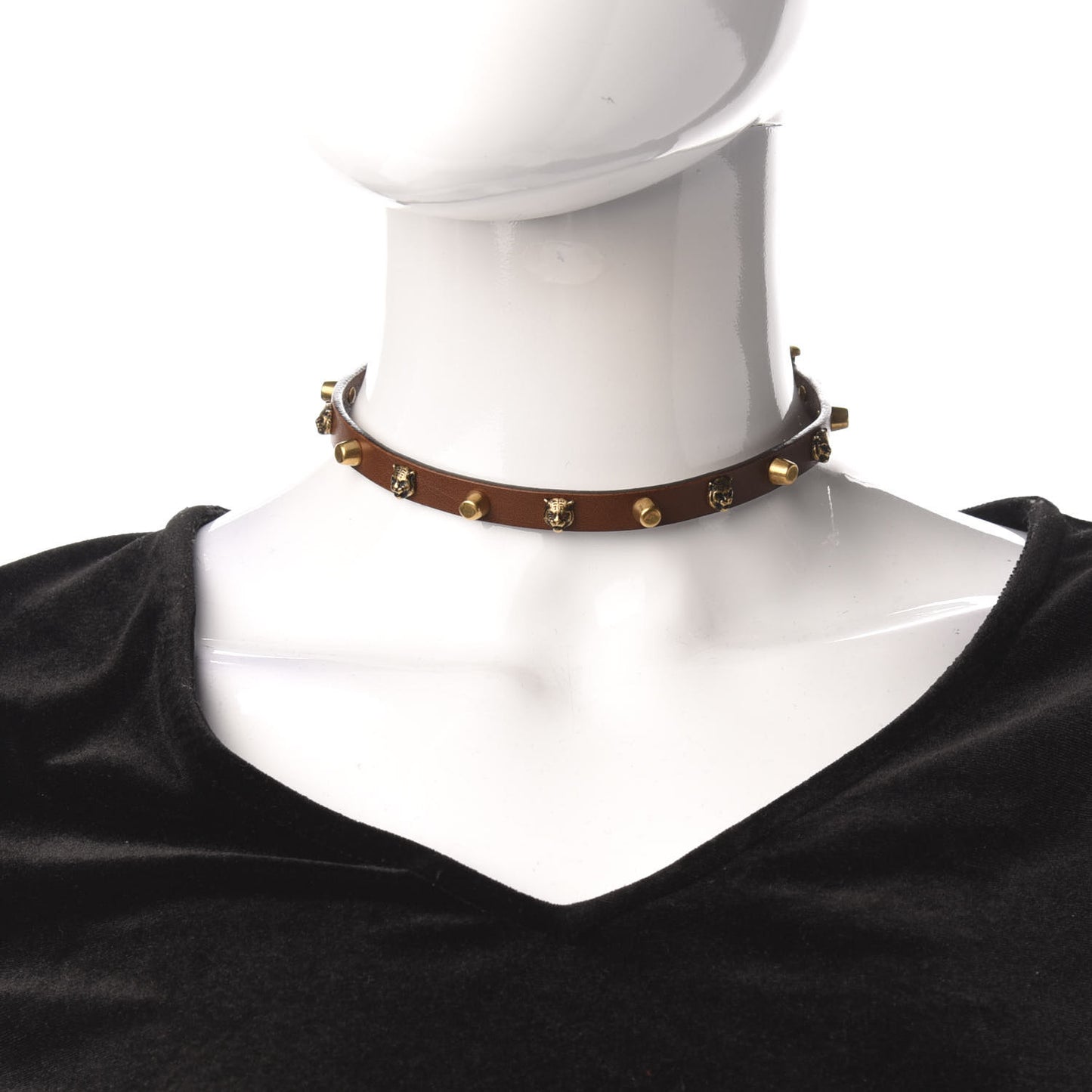 Calfskin Feline Head Studded Choker Brown