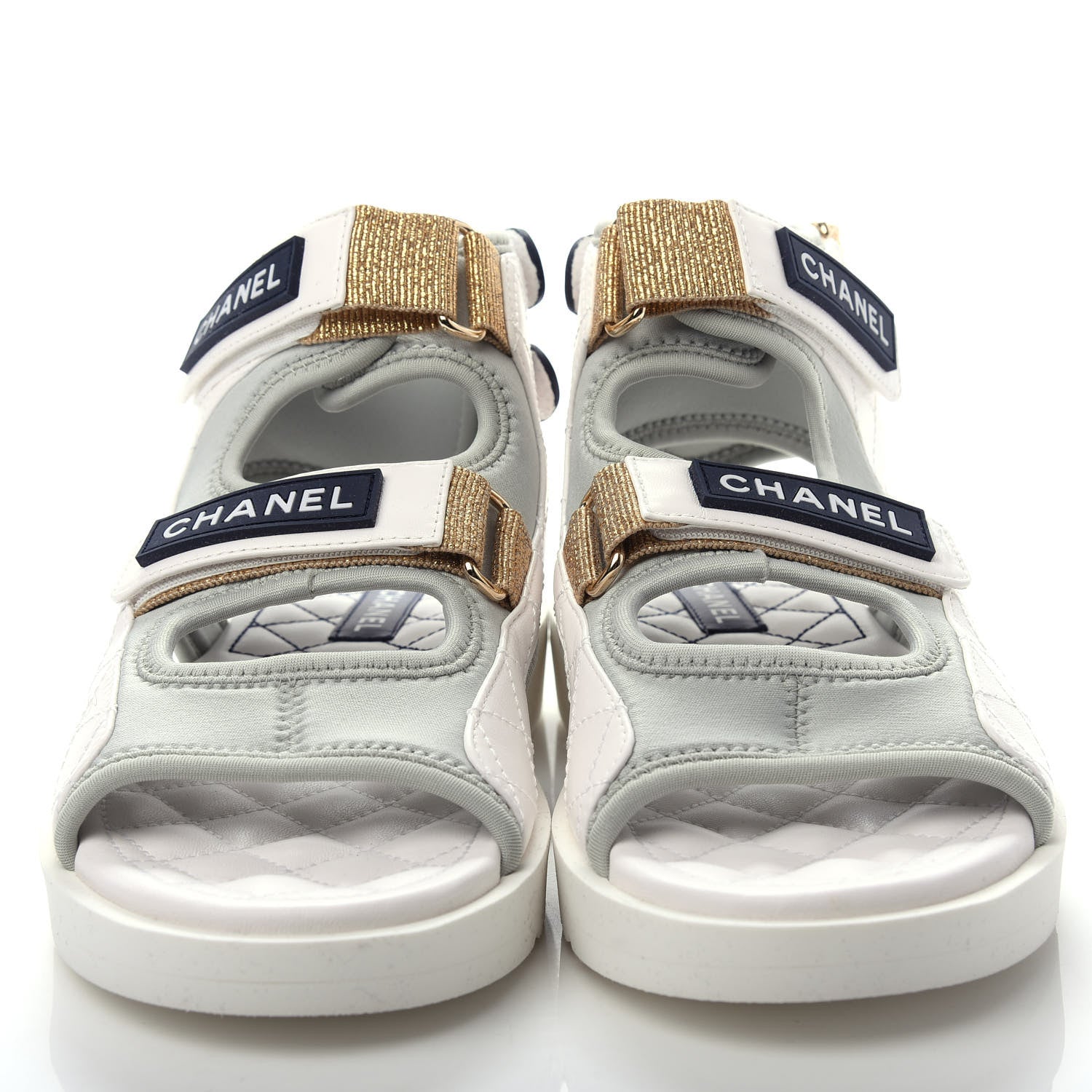 Chanel Goatskin Fabric Gladiator Sandals 37 White Light Grey Navy Blue 5 of 11
