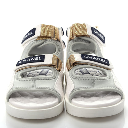 Chanel Goatskin Fabric Gladiator Sandals 37 White Light Grey Navy Blue 5 of 11