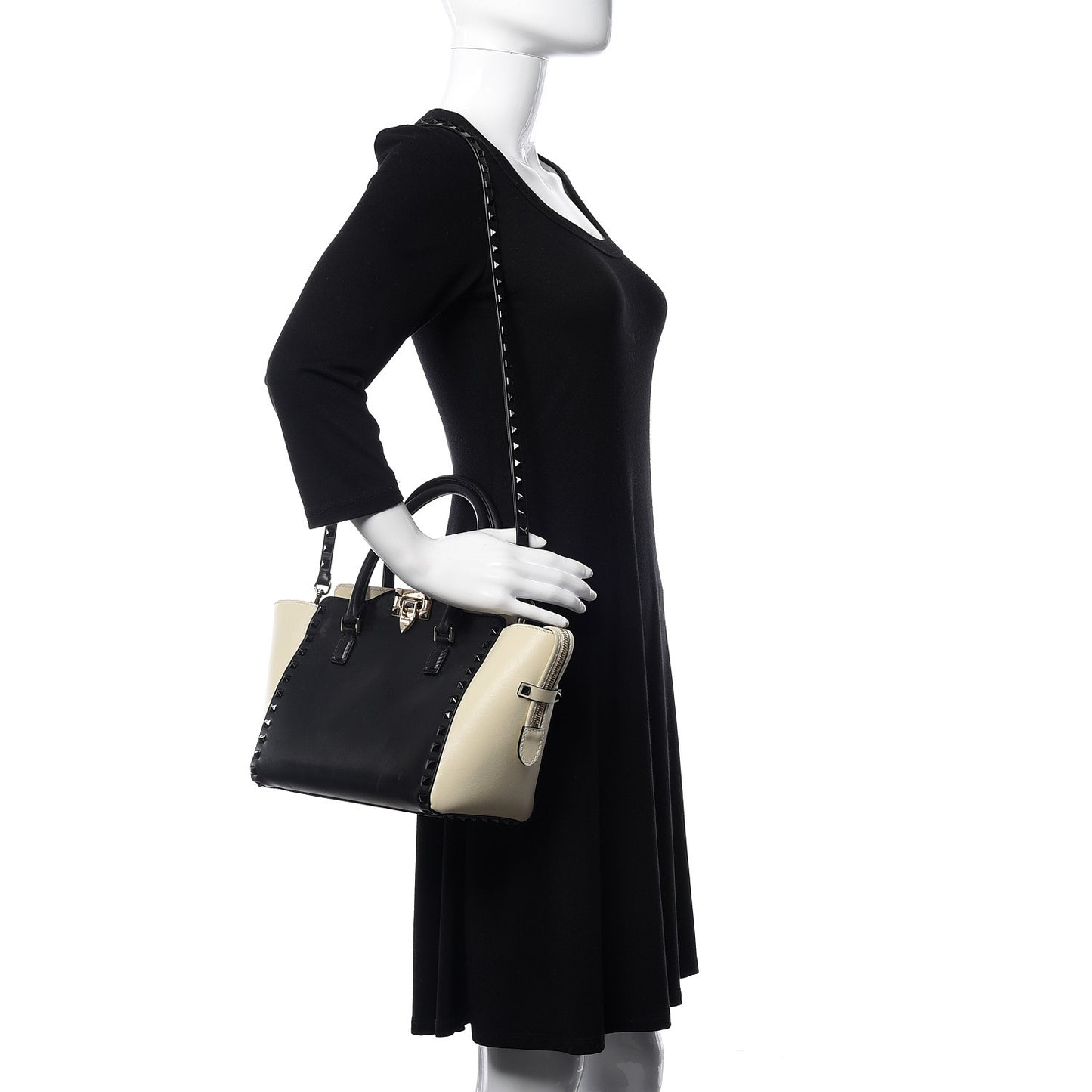 Vitello Bi-Color Small Rockstud Double Handle Tote Ivory Black