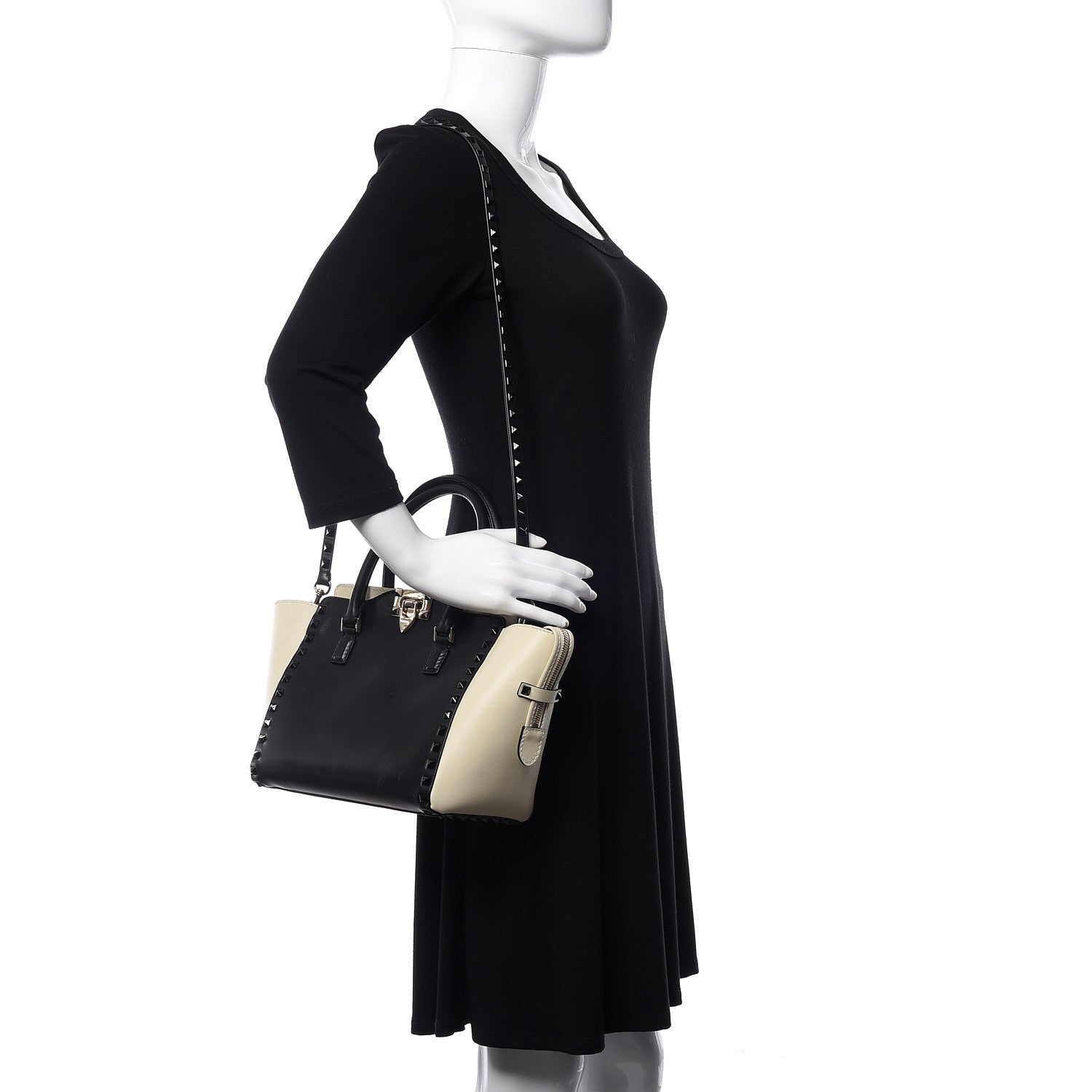 Valentino Garavani Vitello Bi-Color Small Rockstud Double Handle Tote Ivory Black 2 of 12