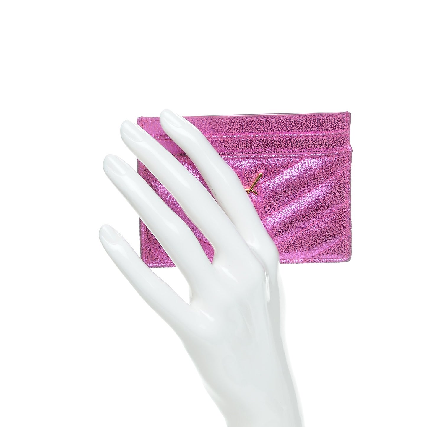 Metallic Crackled Calfskin Matelasse Chevron Monogram Credit Card Case Fuchsia
