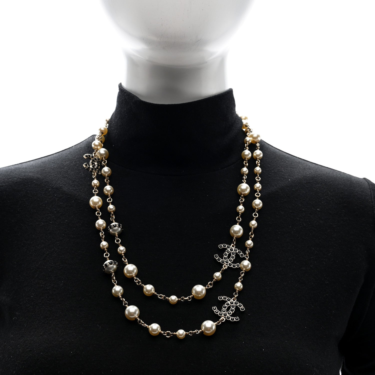 Chanel Crystal Pearl CC Long Necklace Gold White Black 2 of 5