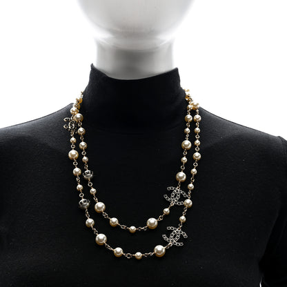Chanel Crystal Pearl CC Long Necklace Gold White Black 2 of 5
