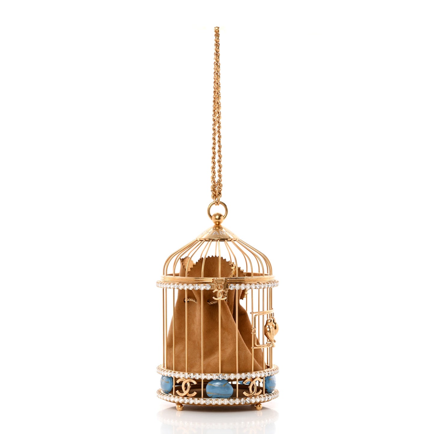 Metal Crystal Enamel CC Love Bird Cage Minaudiere Clutch Gold Multicolor