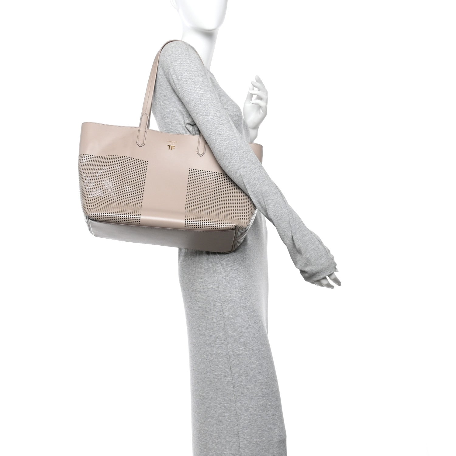 Tom Ford Calfskin Perforated Small East West Graphic T Tote Beige 2 of 11