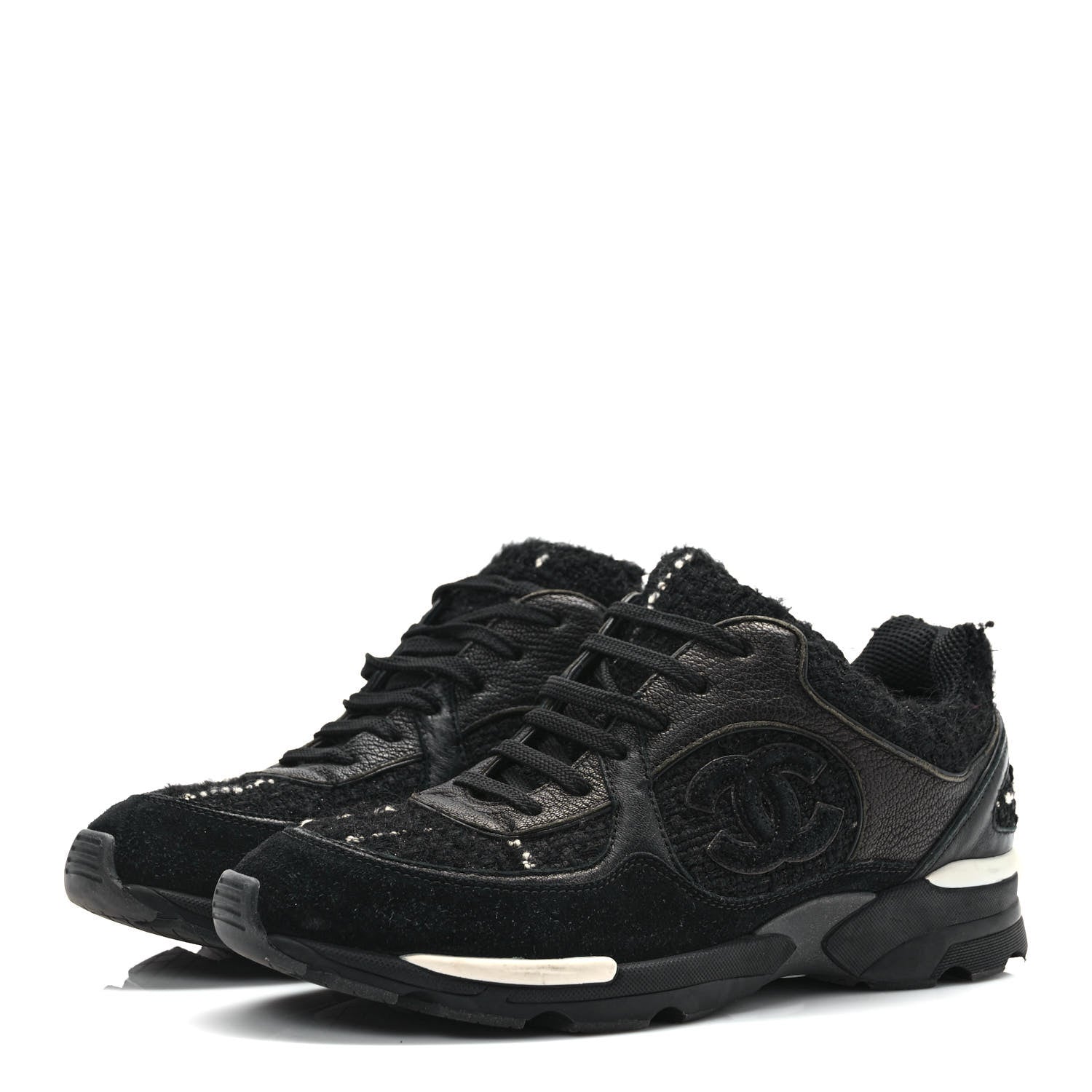 Chanel Tweed Suede Goatskin CC Sneakers 37.5 Black White 3 of 12