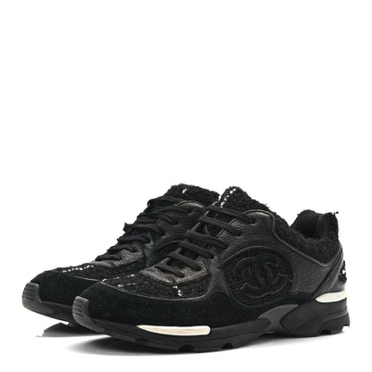 Chanel Tweed Suede Goatskin CC Sneakers 37.5 Black White 3 of 12