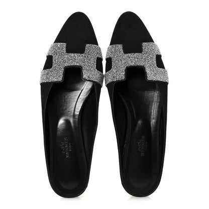 Hermes Suede Goatskin Crystal Roxane Mules 40 Gris Argente Black 2 of 9