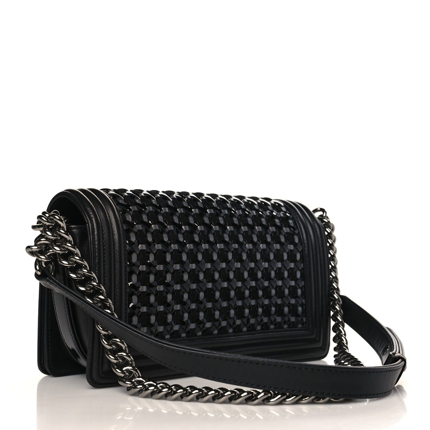 Calfskin Patent Braided Medium Boy Flap Black