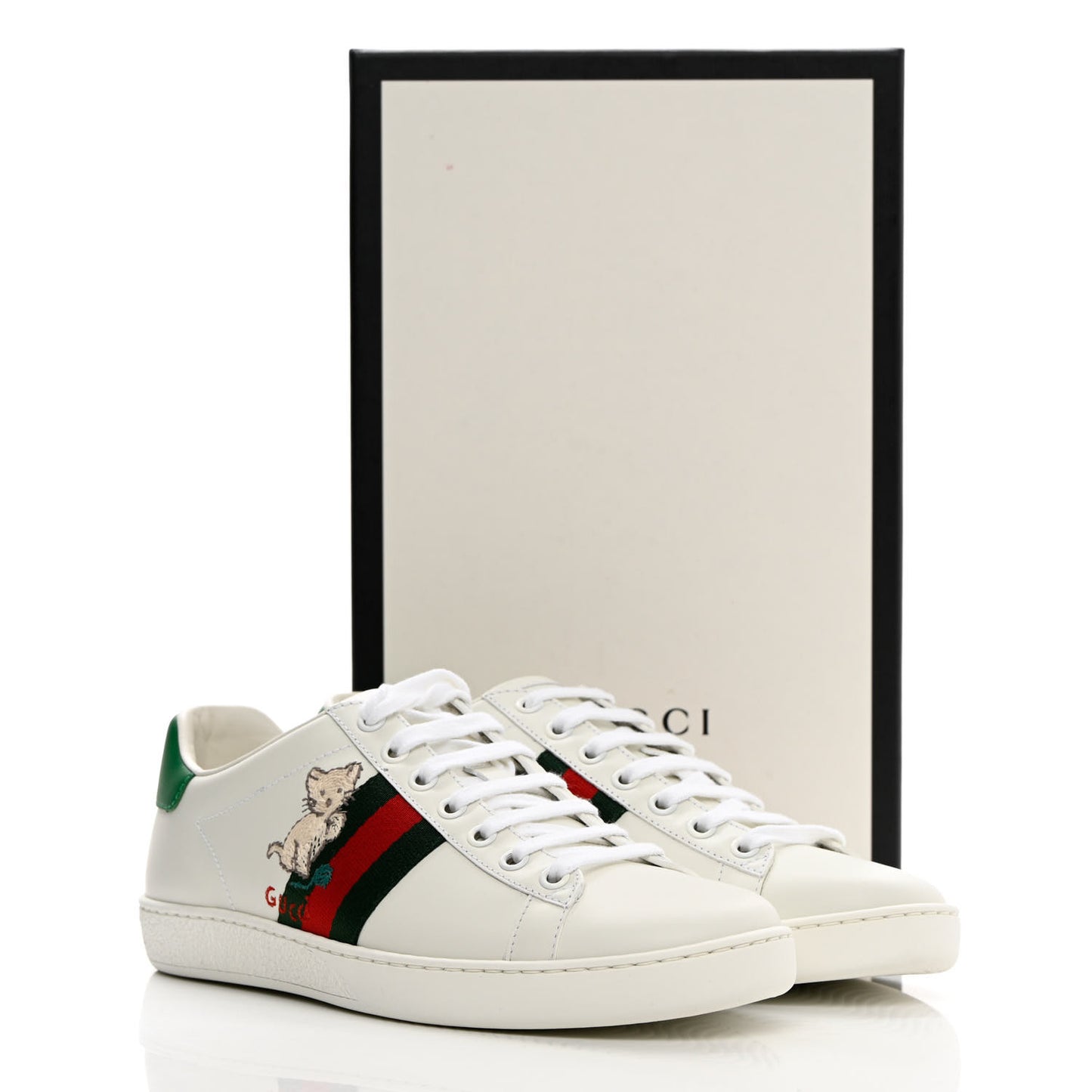 Calfskin Web Pig Kitten Embroidered Womens Ace Sneakers 37.5 White