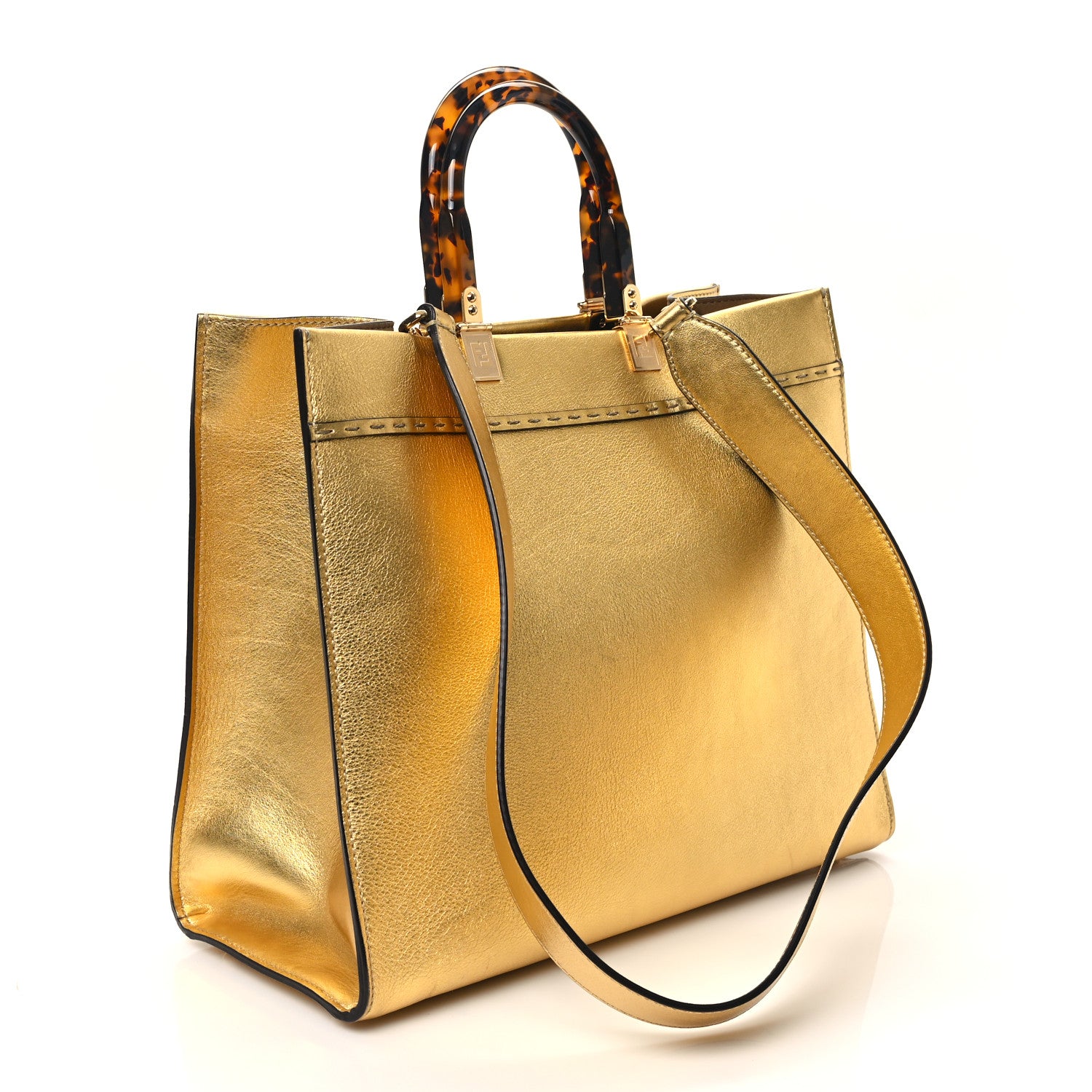 Fendi Vitello Catalan Mirror Plexiglass Logo Embossed Medium Fendi Sunshine Shopper Tote Gold 3 of 12