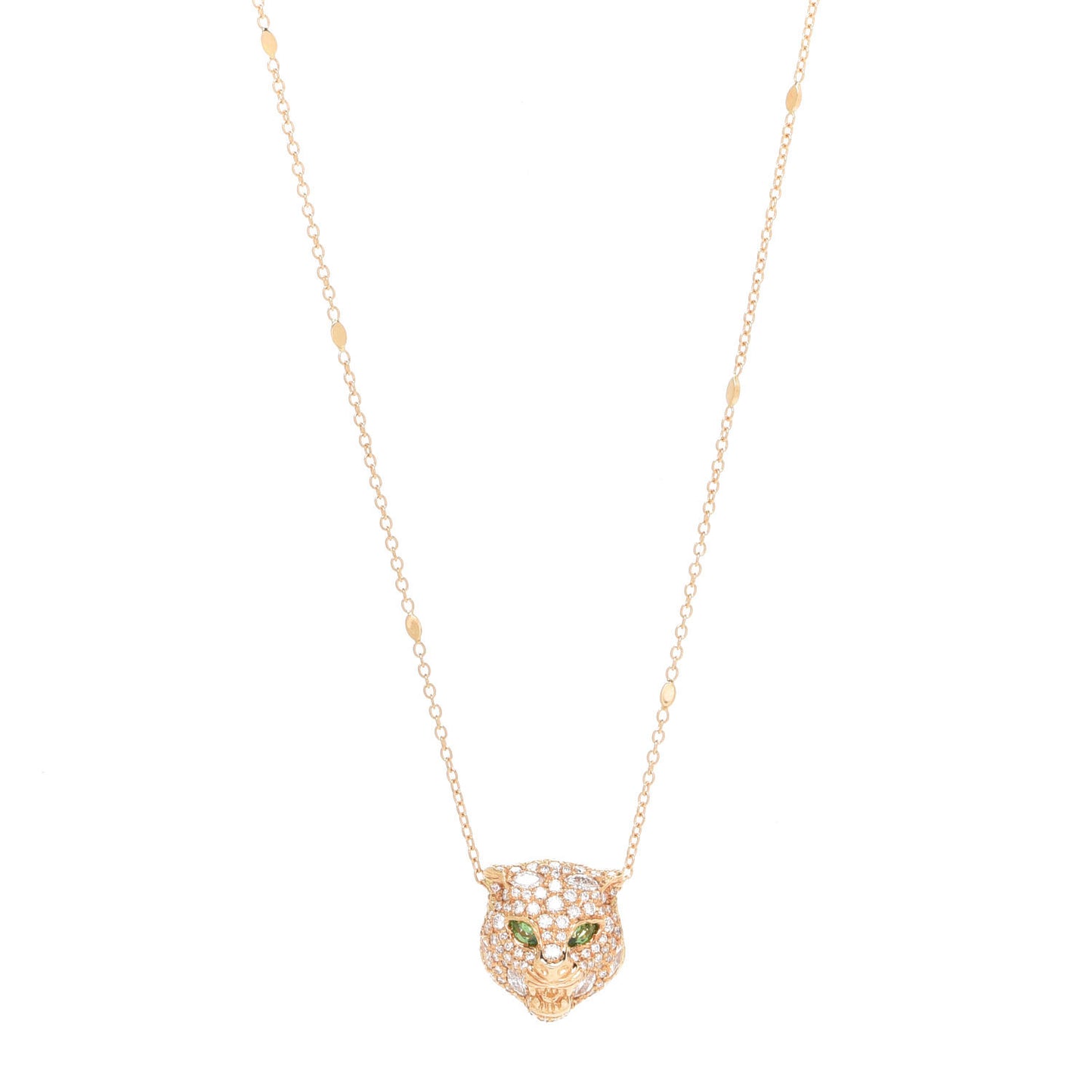 18K Yellow Gold Diamond Tsavorite Le Marche des Merveilles Feline Head Pendant Necklace