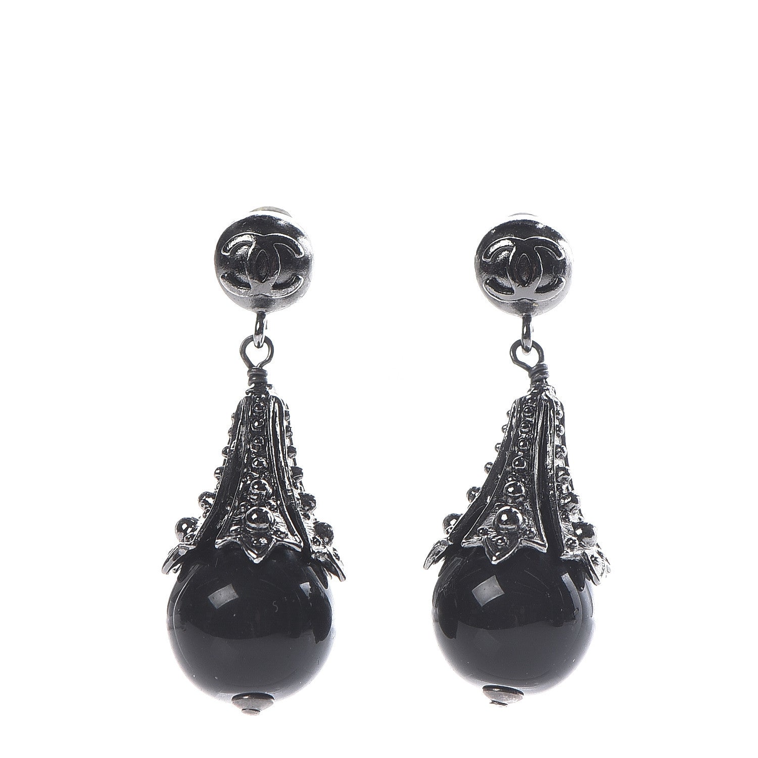 Chanel Ruthenium CC Bead Drop Earrings Black 1 of 5