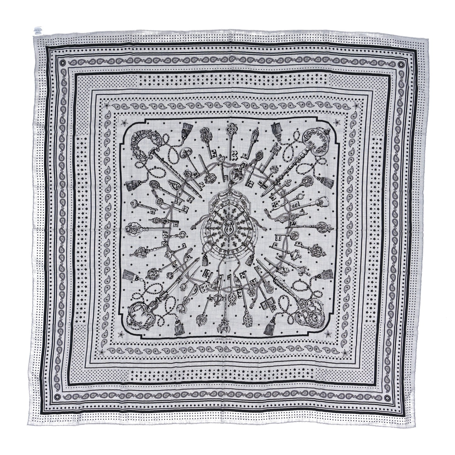 Cashmere Silk Les Cles Bandana Shawl 140 Gris Chine Black