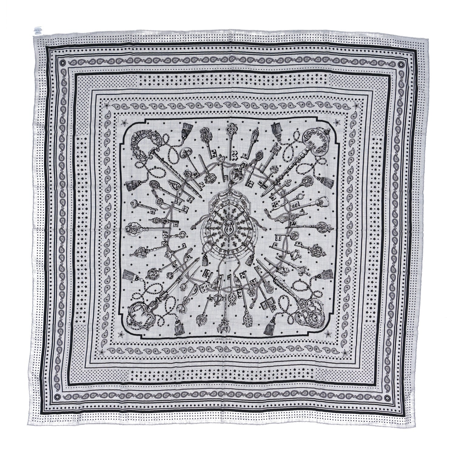 Hermes Cashmere Silk Les Cles Bandana Shawl 140 Gris Chine Black 1 of 3