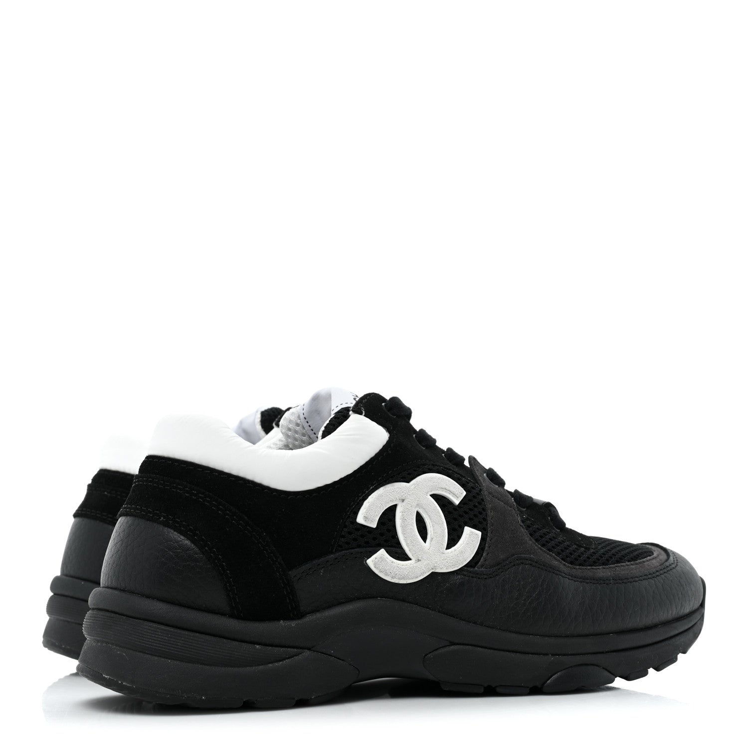 Chanel Mesh Suede Grained Calfskin Womens CC Sneakers 37.5 Black White 4 of 9