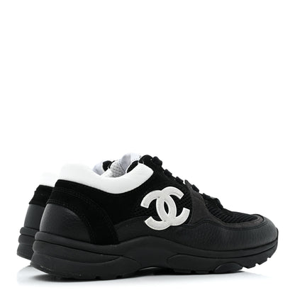 Chanel Mesh Suede Grained Calfskin Womens CC Sneakers 37.5 Black White 4 of 9