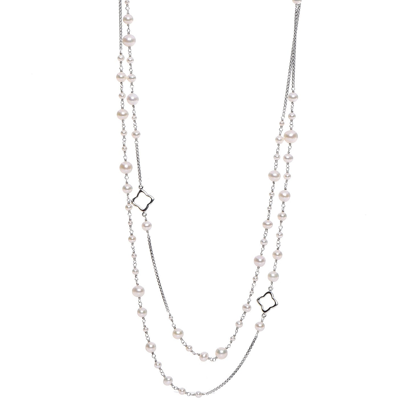 Sterling Silver Pearl 7.5mm Quatrefoil Long Chain Necklace