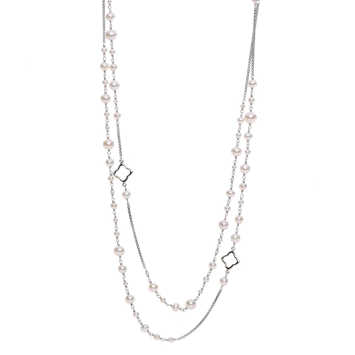 David Yurman Sterling Silver Pearl 7.5mm Quatrefoil Long Chain Necklace 1 of 6