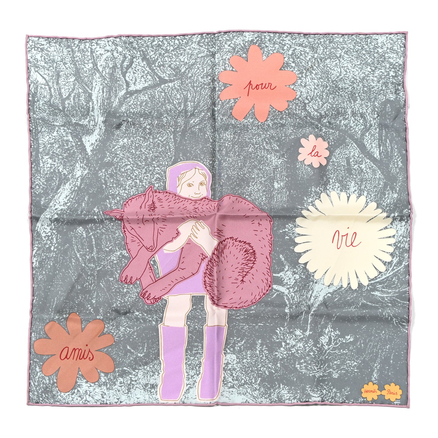 Silk Twill Amis Pour La Vie Scarf 45 Vert De Gris Parme