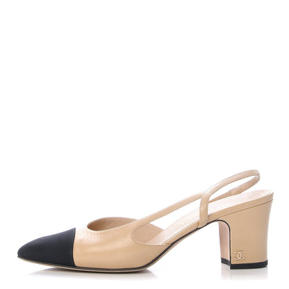 Chanel Goatskin Grosgrain Cap Toe CC Slingback Pumps 38 Beige Black 1 of 13