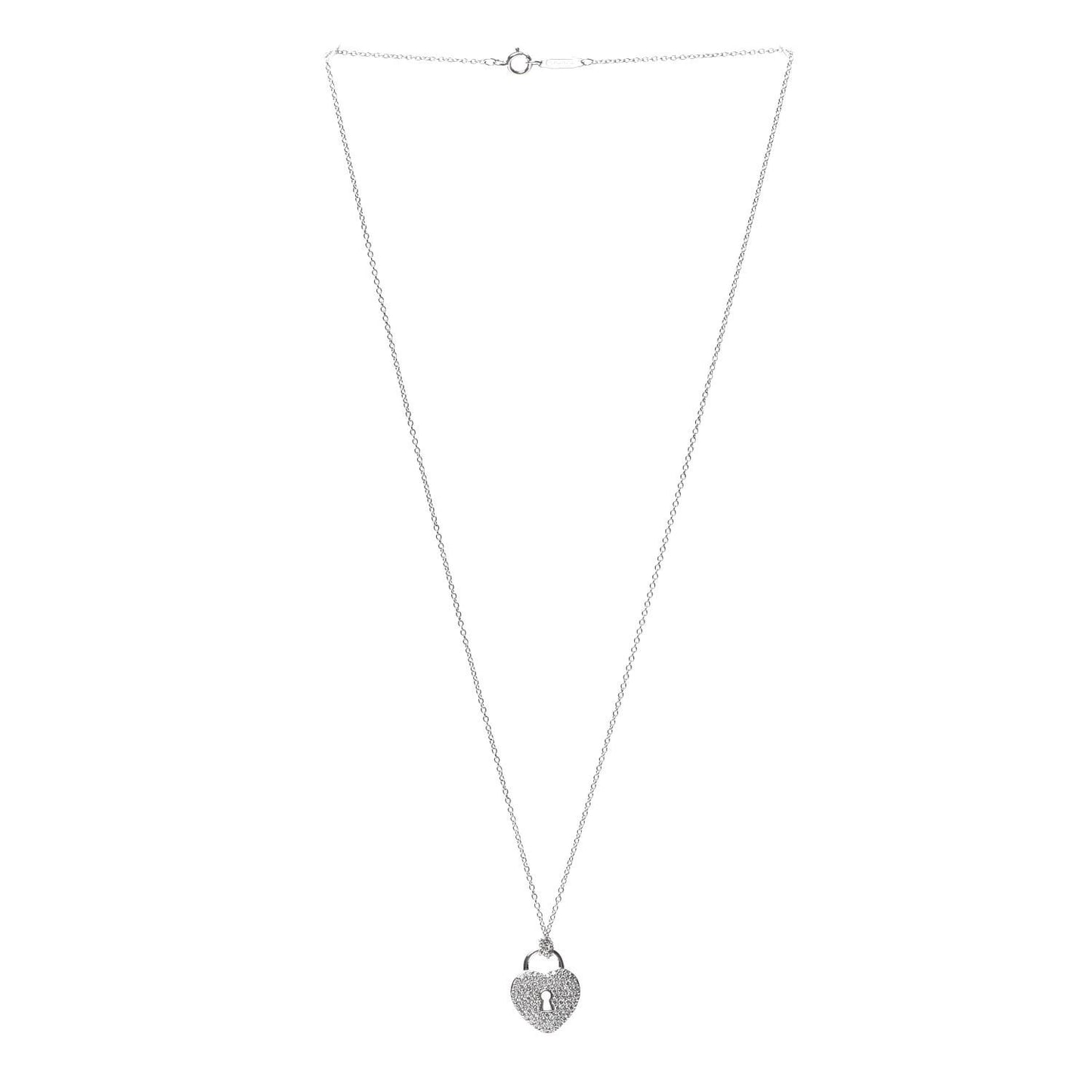 18K White Gold Platinum Diamond Medium Heart Lock Pendant Necklace
