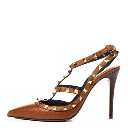 Valentino Garavani Pebbled Calfskin Rockstud Ankle Strap 100mm Pumps 40 Cuoio 1 of 11
