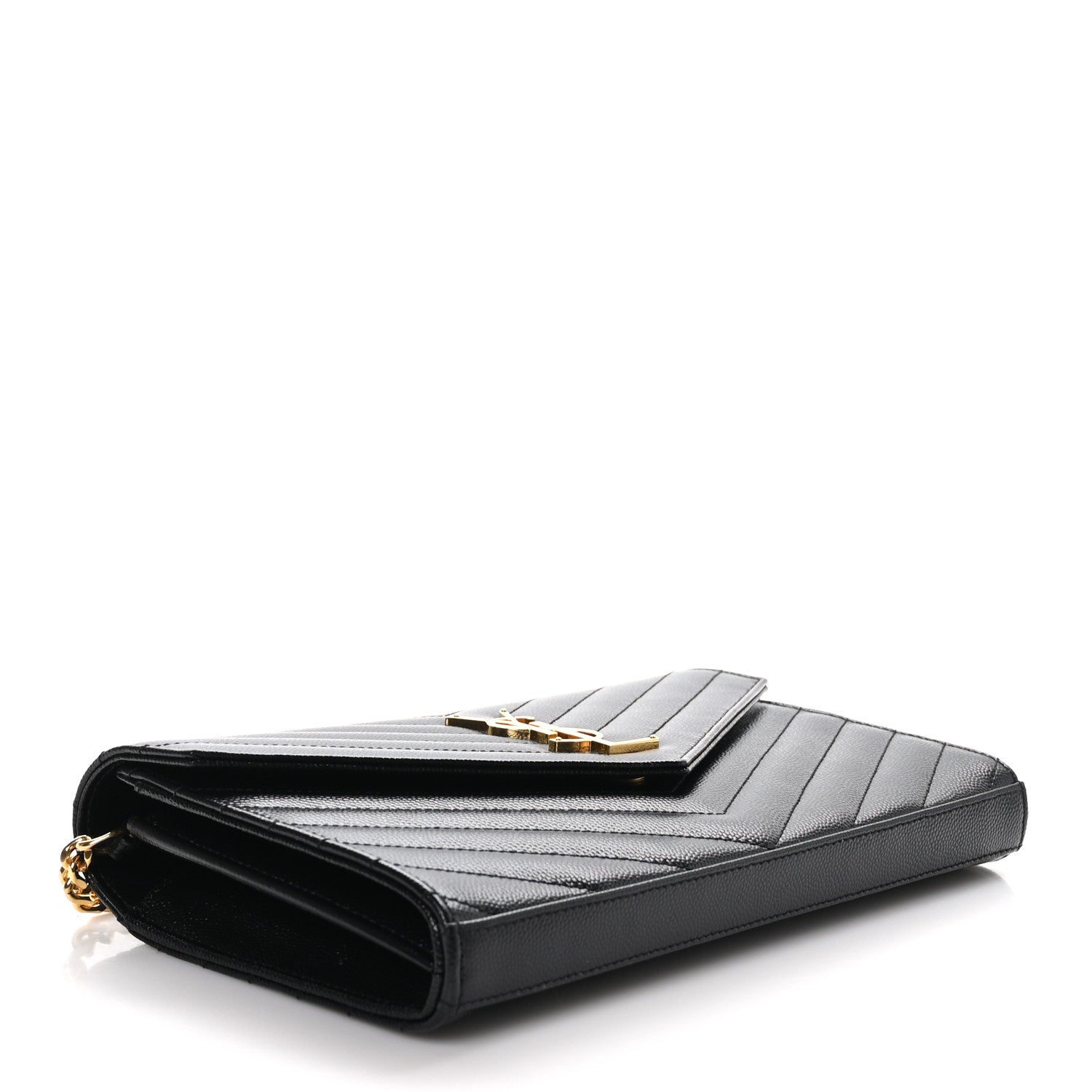 Saint Laurent Grain De Poudre Matelasse Chevron Monogram Chain Wallet Black 4 of 9