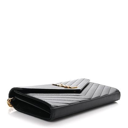 Saint Laurent Grain De Poudre Matelasse Chevron Monogram Chain Wallet Black 4 of 9
