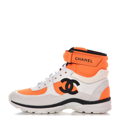 Chanel Suede Calfskin Lambskin Neoprene High Top CC Sneakers 37 White Fluo Orange 1 of 12