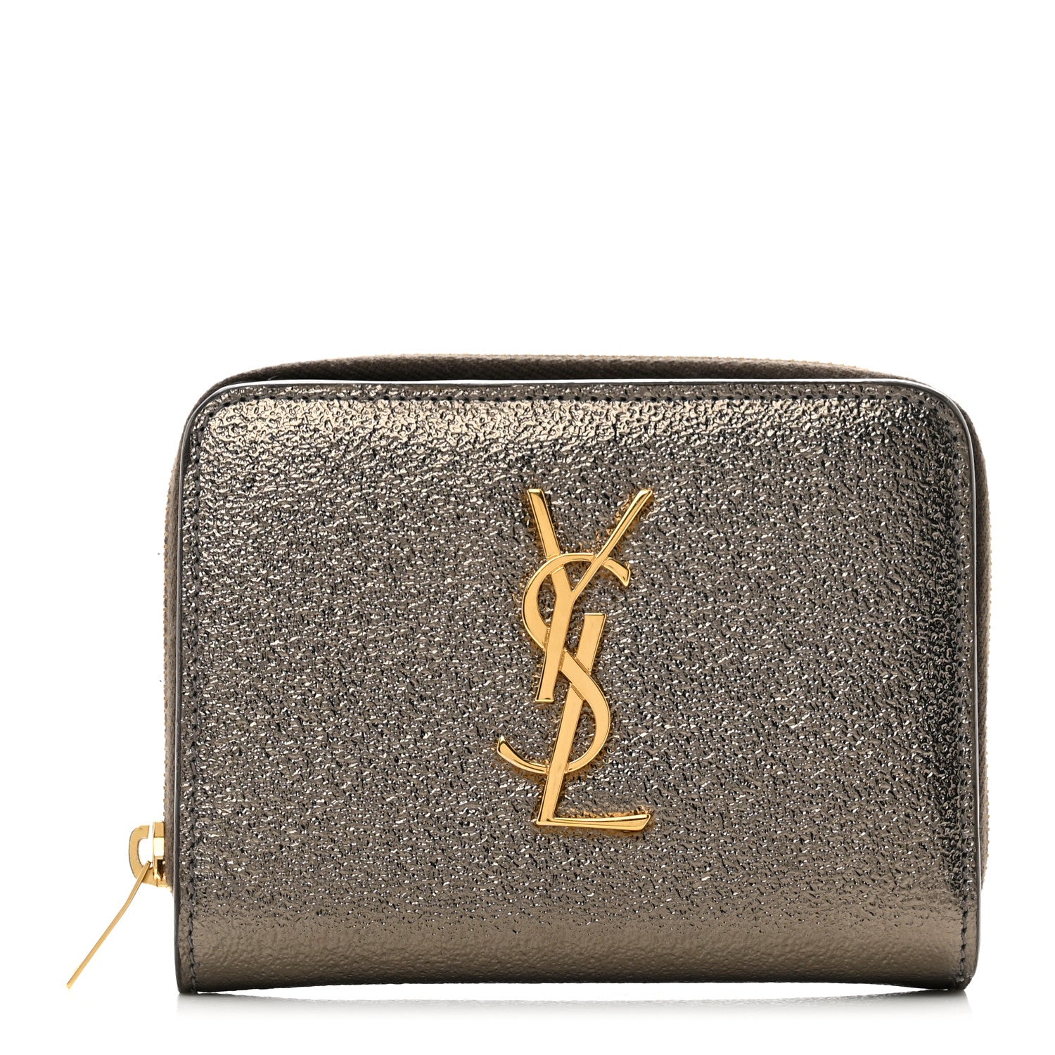 Saint Laurent Metallic Calfskin Monogram Compact Zip Around Wallet Grey 1 of 6