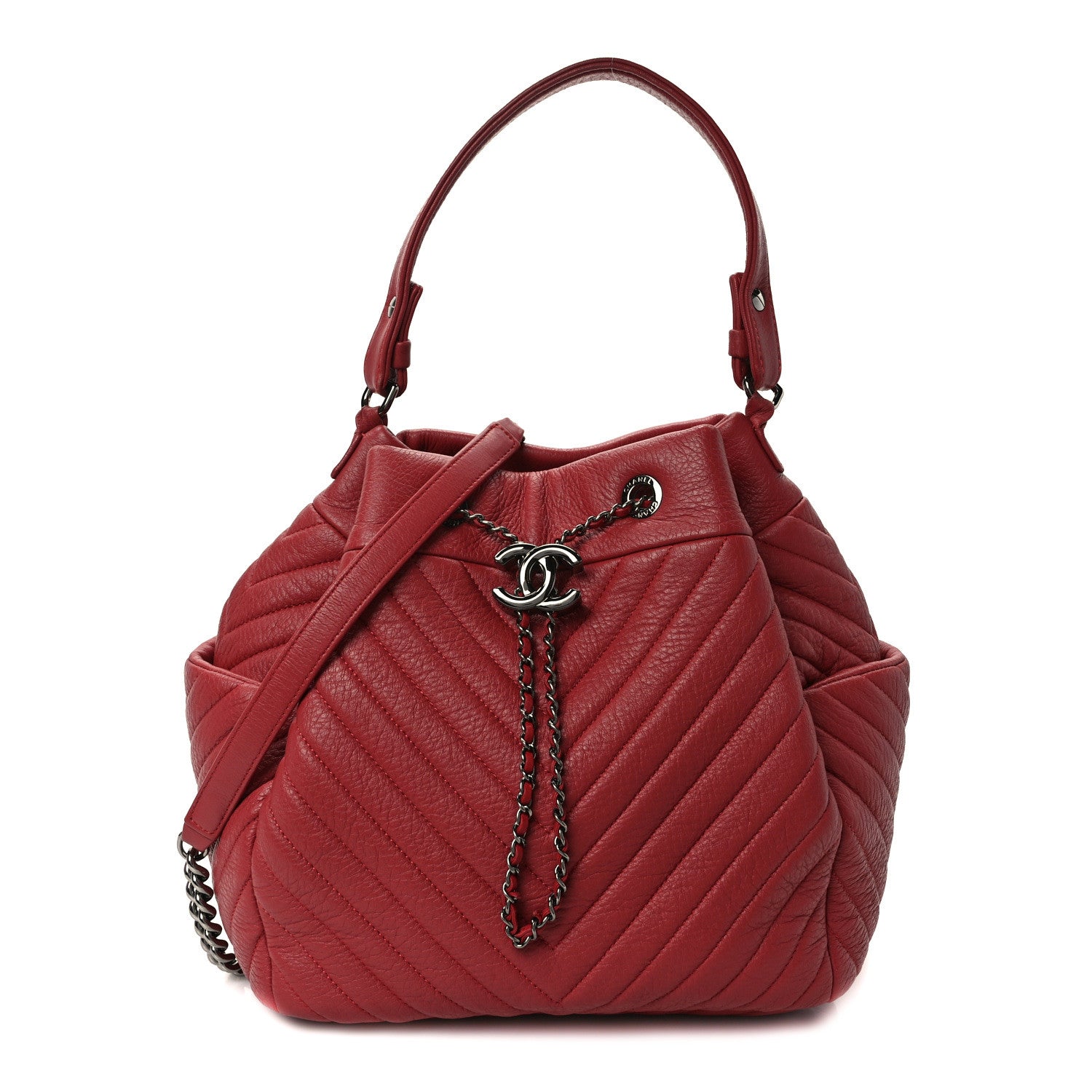 Chanel Deerskin Chevron Quilted Medium CC Chain Bucket Drawstring Bag Red 1 of 12