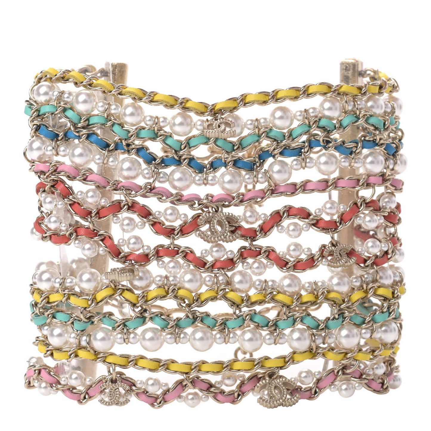 Metal Lambskin Pearl CC Chain Link Bracelet Gold Pink Multicolor