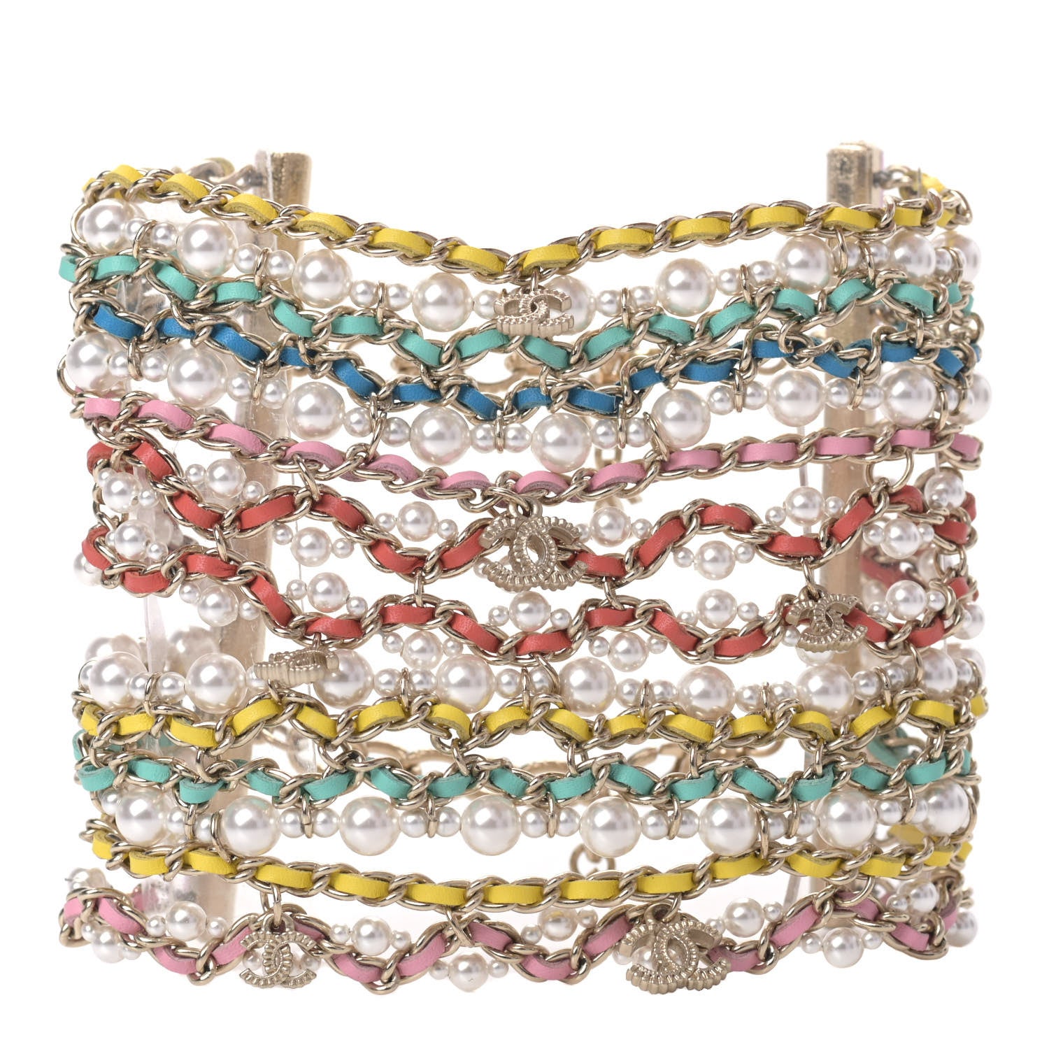 Chanel Metal Lambskin Pearl CC Chain Link Bracelet Gold Pink Multicolor 1 of 5