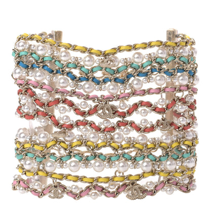Chanel Metal Lambskin Pearl CC Chain Link Bracelet Gold Pink Multicolor 1 of 5