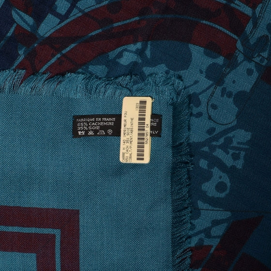 Cashmere Silk Imprimeur Fou Quadricube Shawl GM 140 Cobalt