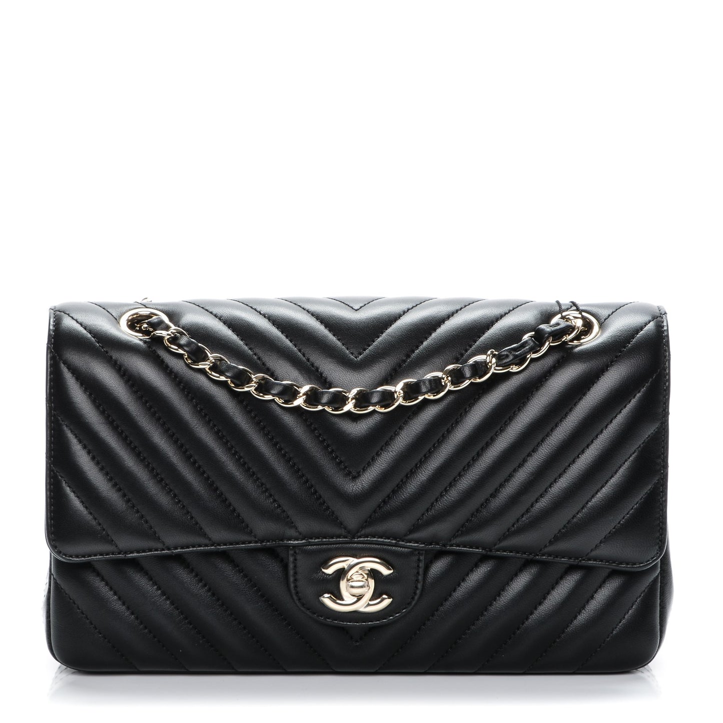 Lambskin Chevron Quilted Medium Double Flap Black
