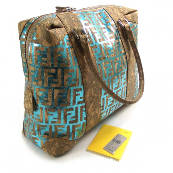 Cork Laminated Calfskin B Mix Tote Teal
