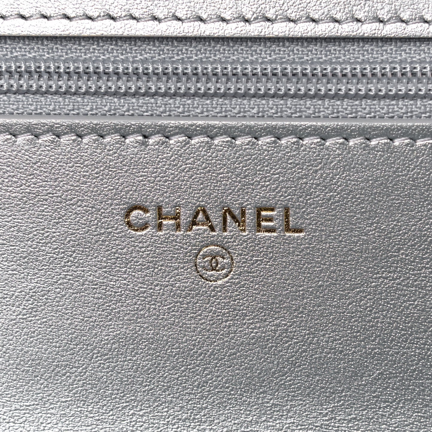 Metallic Lambskin Quilted Chanel 19 Wallet On Chain WOC Silver