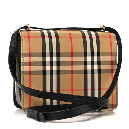 Burberry Goatskin Cotton Canvas Vintage Check Small D-Ring Bag Black Antique Yellow 3 of 11