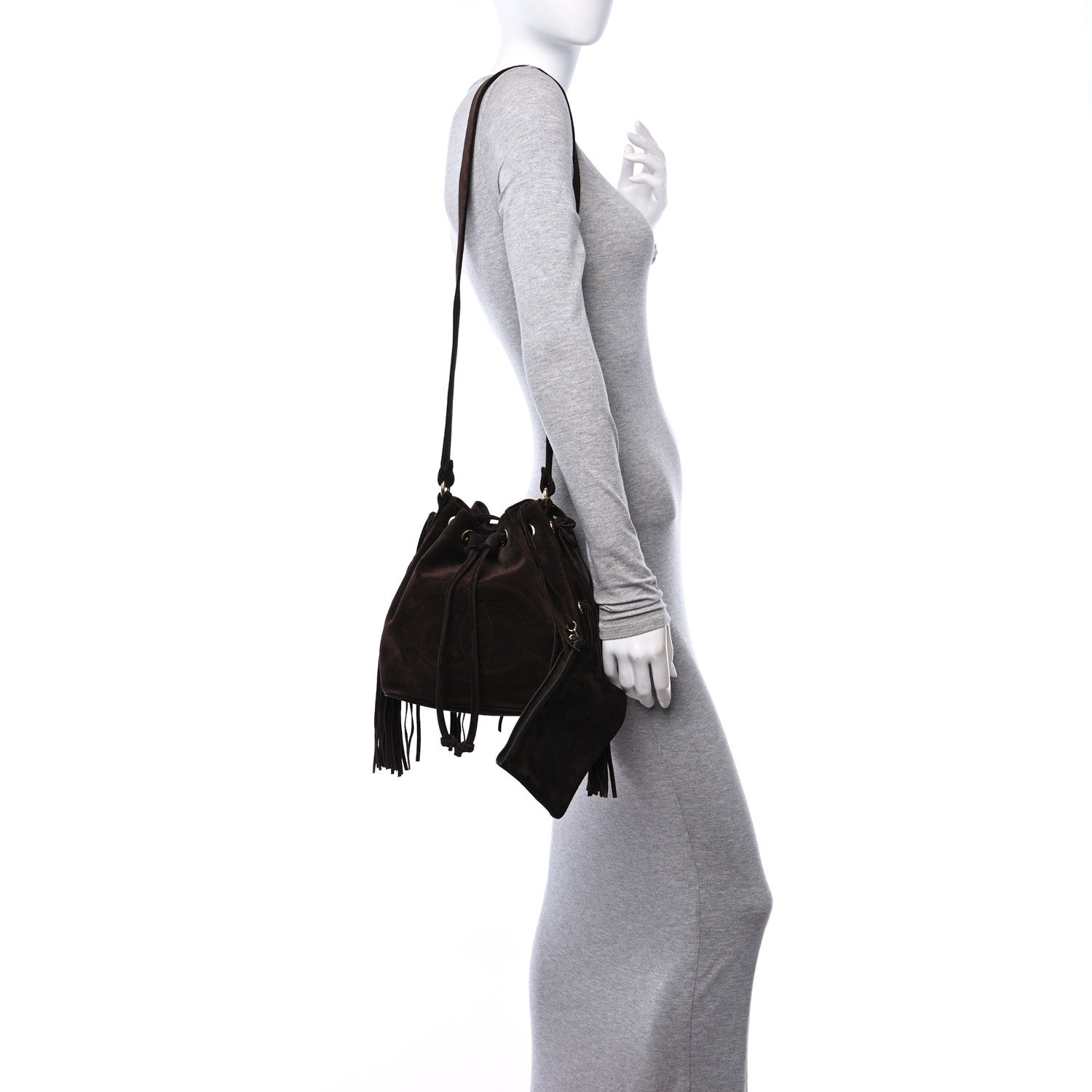 Chanel Suede Drawstring Tassel Bucket Bag Brown 2 of 14
