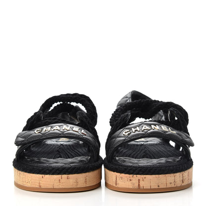 Chanel Cord Lambskin Quilted Logo Sandals 37 Black 2 of 8
