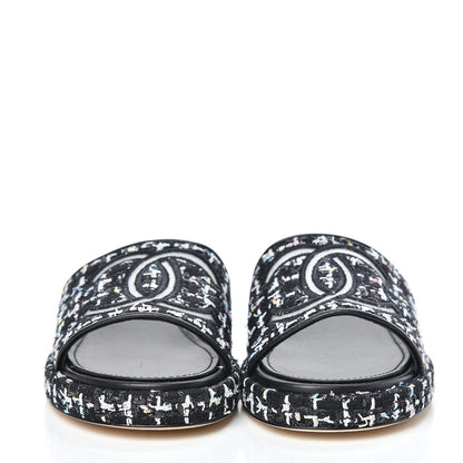 Chanel Tweed Lambskin CC Mules 38 Black White 2 of 8
